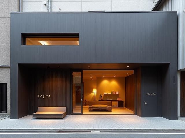 Kajiya Furnishingsショールームの外観。伝統的な日本の建築とモダンな要素が融合しています。