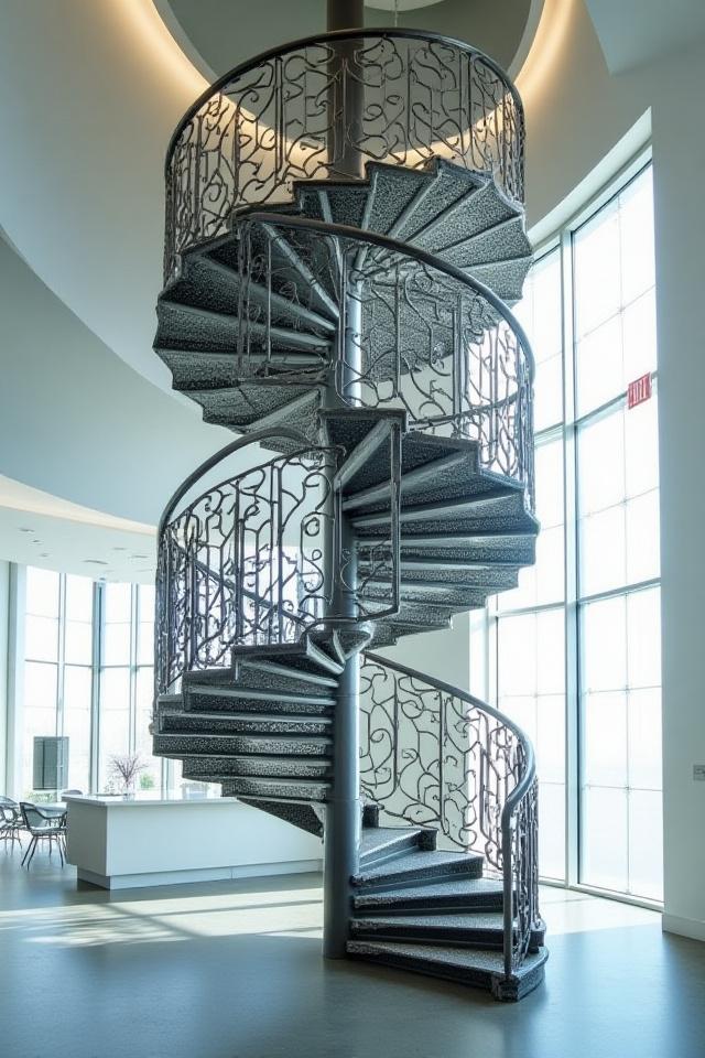 モダンなビルに設置された鍛鉄製の螺旋階段