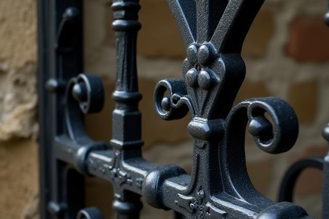 歴史的建造物の装飾的な鉄製門扉の修復作業