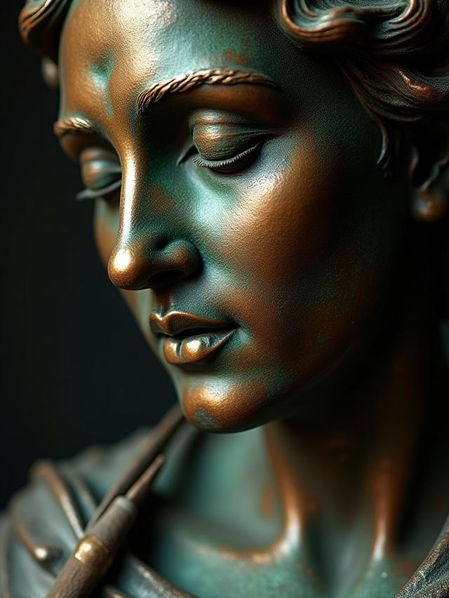 錆びた金属像の細部修復作業